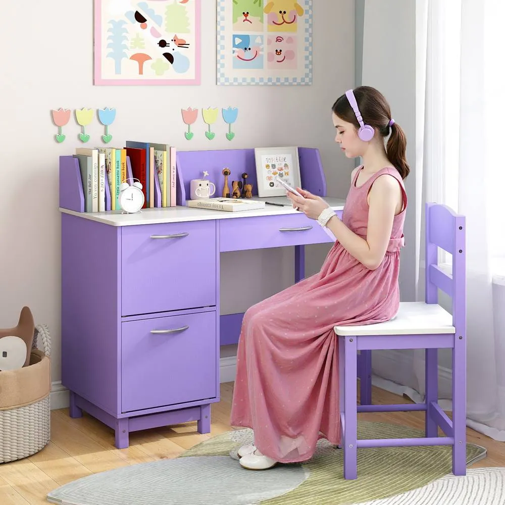 Costway Kid's Study Desk & Chair Set Wooden Activity Table w/ Wide Desktop in Purple 4