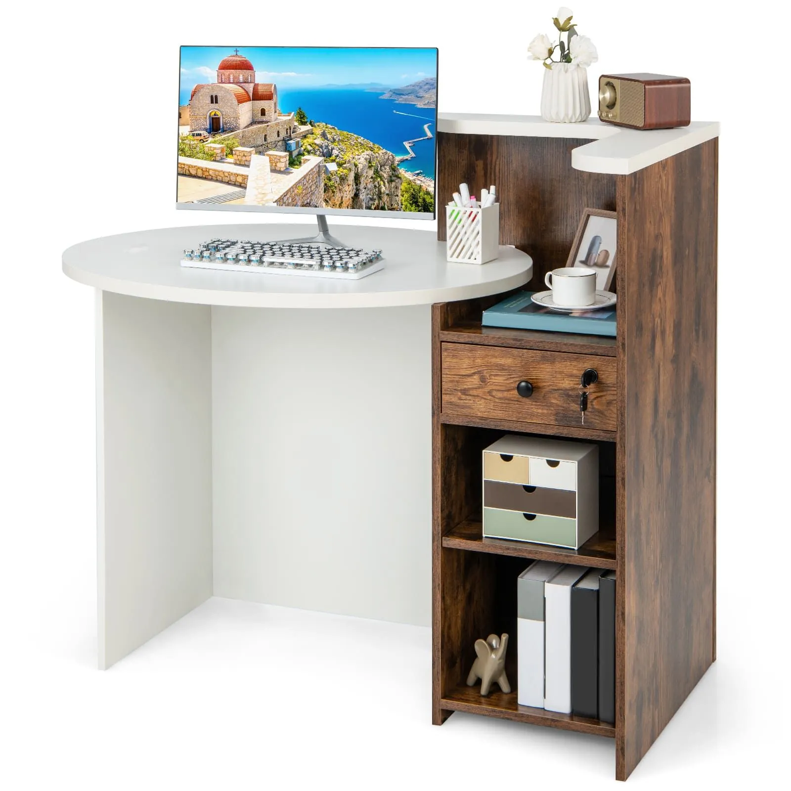 Costway Reception Desk Front Counter Desk w/ Lockable Drawer in White