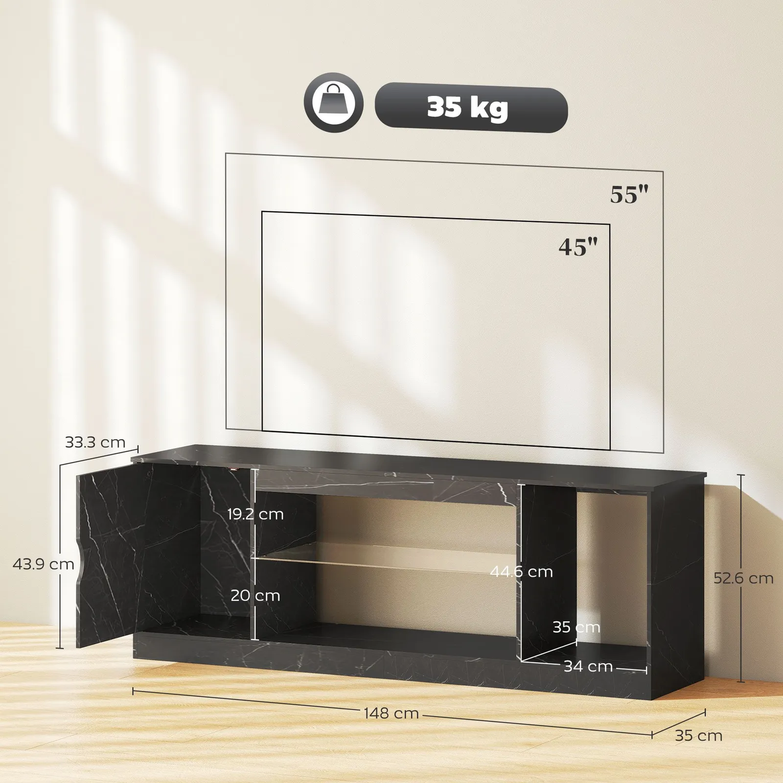 HOMCOM Marble Effect TV Stand Cabinet with Glass Shelf for 55 Inch TVs in Black 3