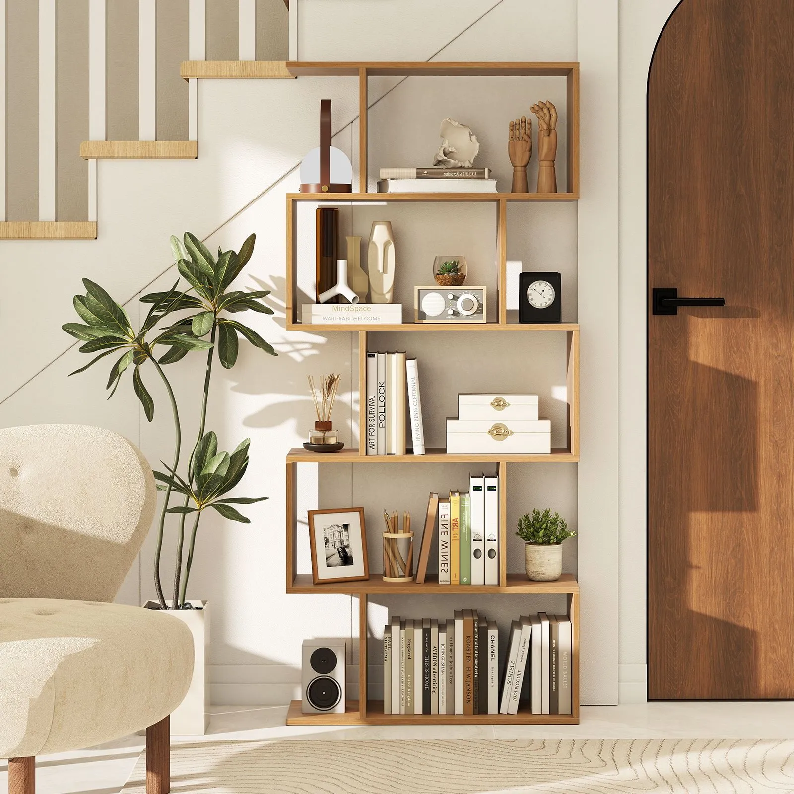 Costway 5-Tier Bookshelf Geometric S-Shaped Bookcase in Natural 3