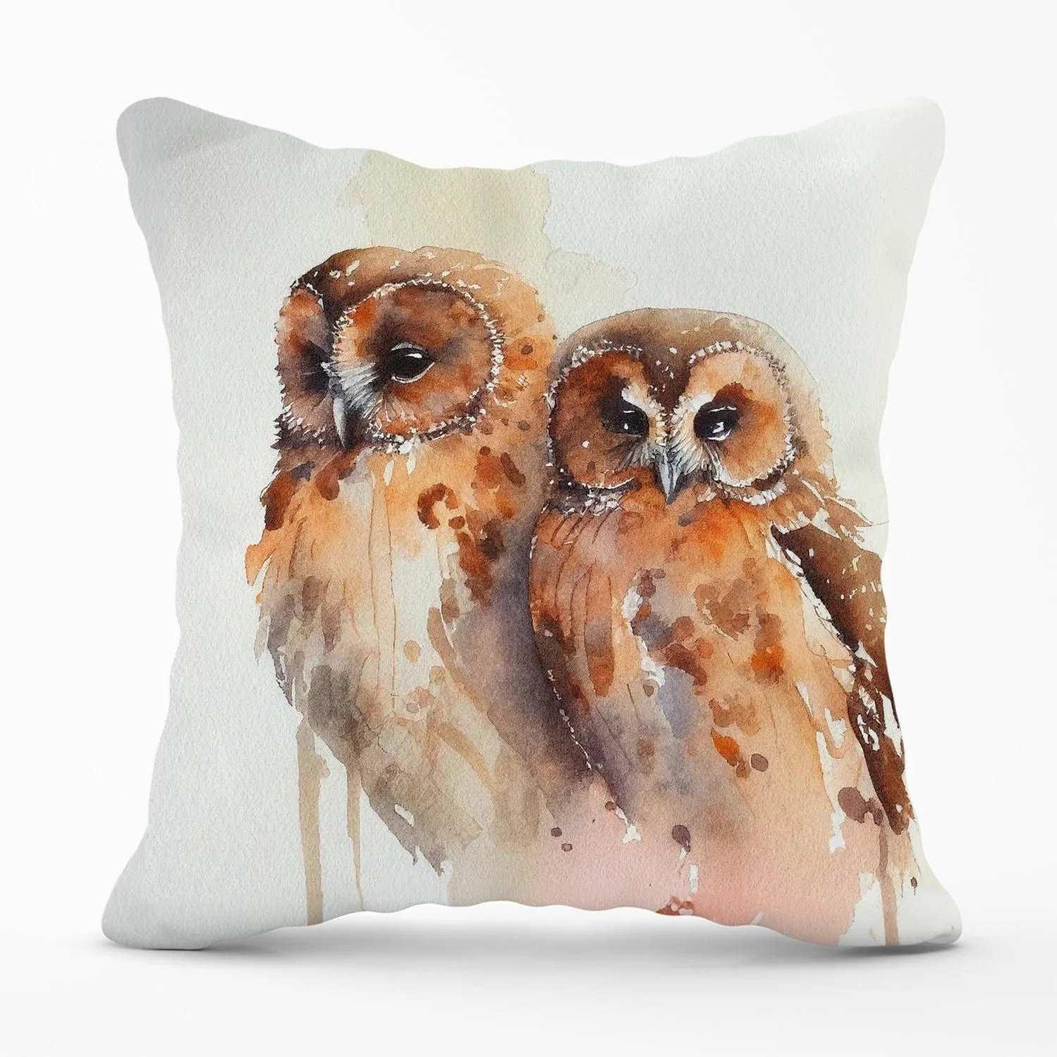 Warren Reed - Designer Loving Tawny Owls Watercolour Outdoor Cushion in Brown