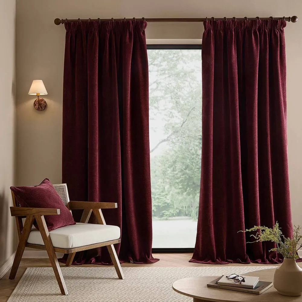 Yard Heath Washed Velvet Fully Lined Pencil Pleat Curtain Pair in Wine 4