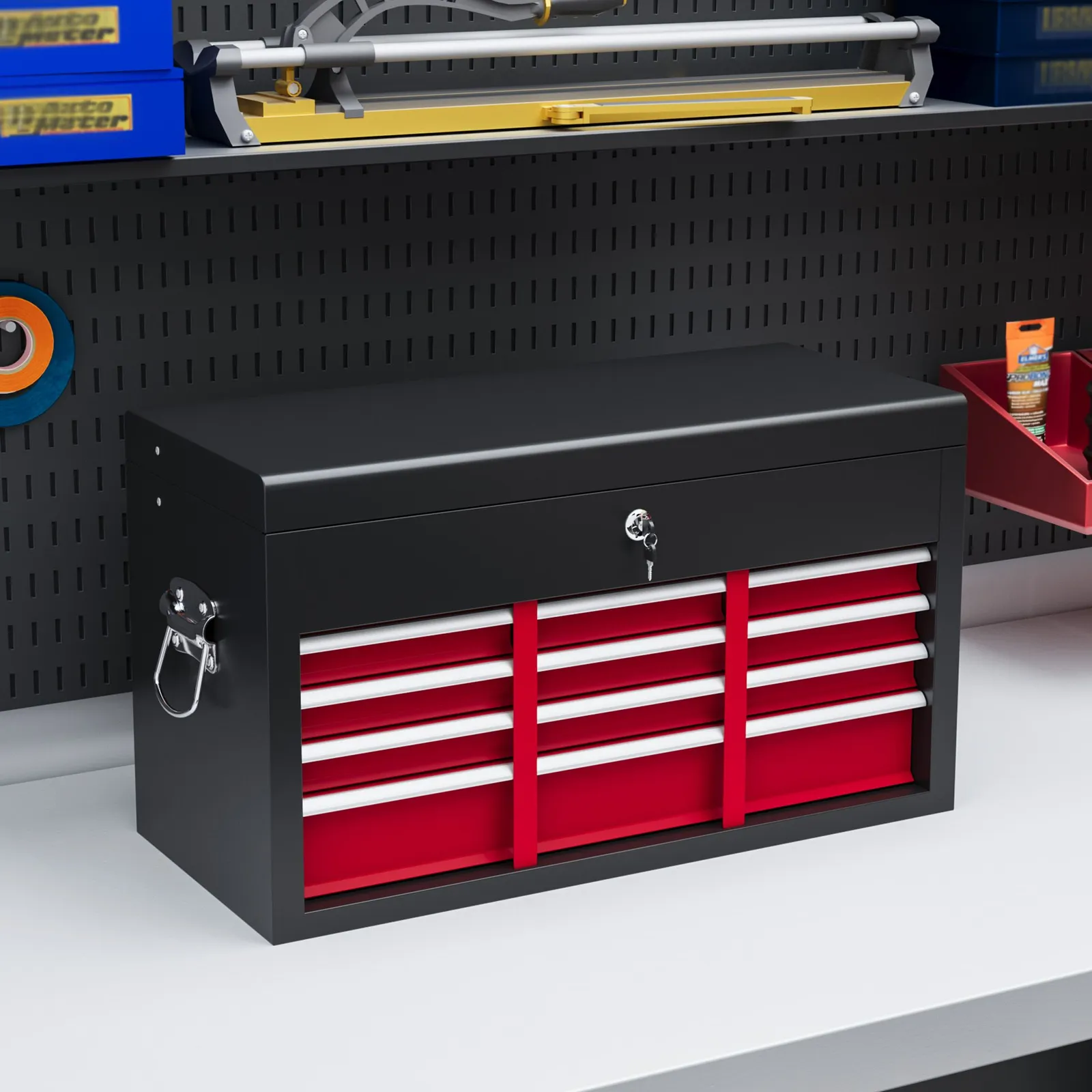 HOMCOM 6 Drawer Tool Chest, Lockable Metal Tool Box with Top Case, Ball Bearing Runners, Portable Toolbox, 600mm x 260mm x 340mm in Red 1