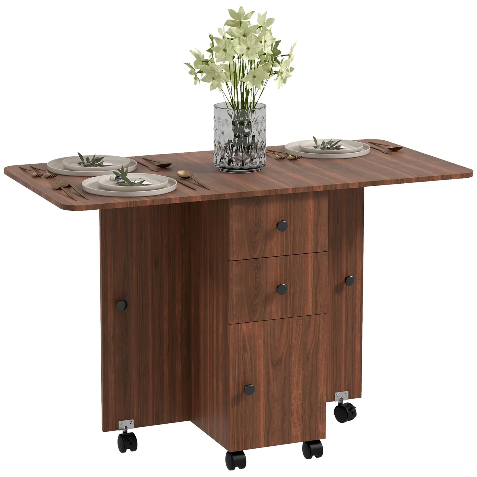 HOMCOM Folding Dining Table for 4-6 Drop Leaf Table on Wheels Brown 2