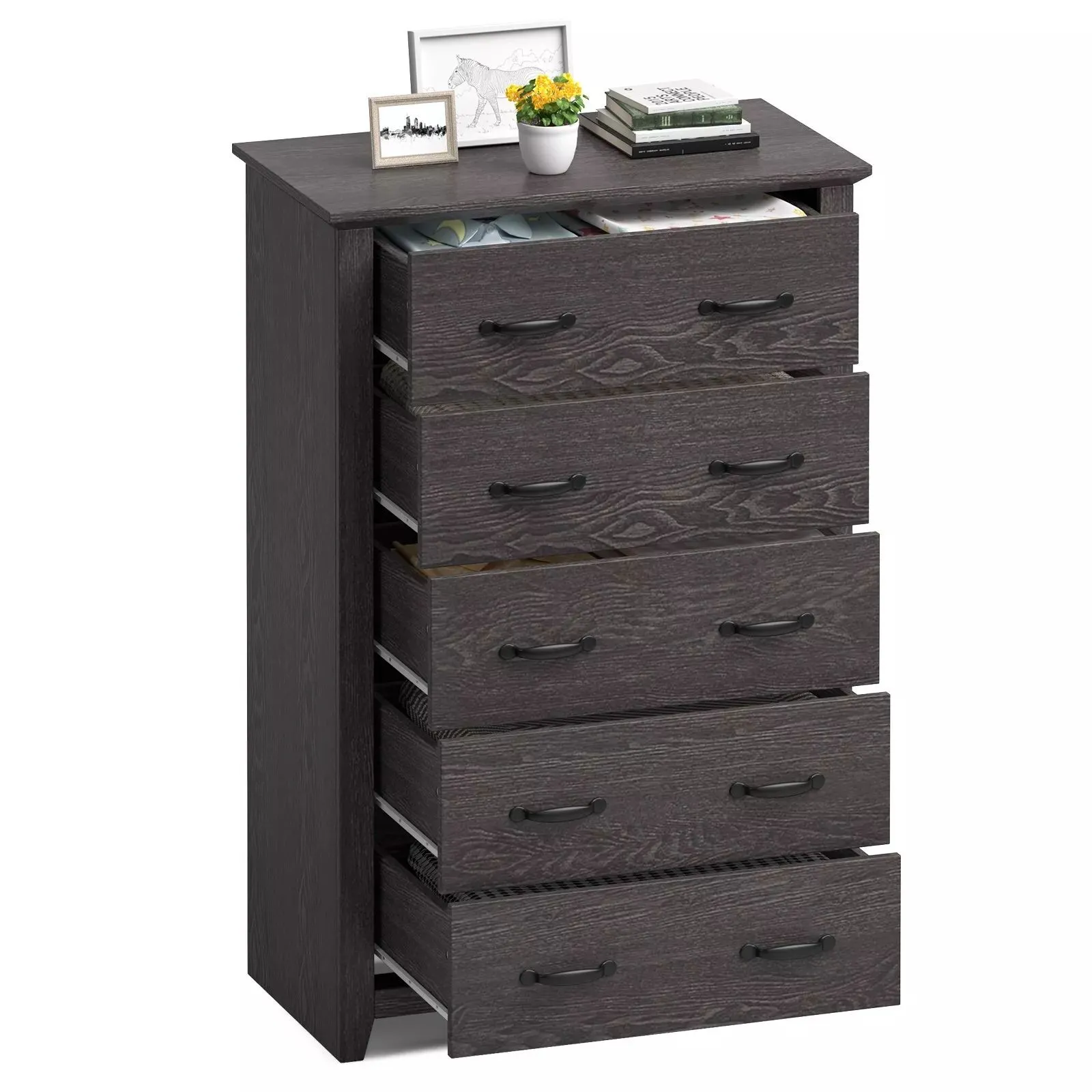 Costway 5 Drawer Dresser Vertical Chest of Drawers Wooden Storage Dresser Organizer in Grey