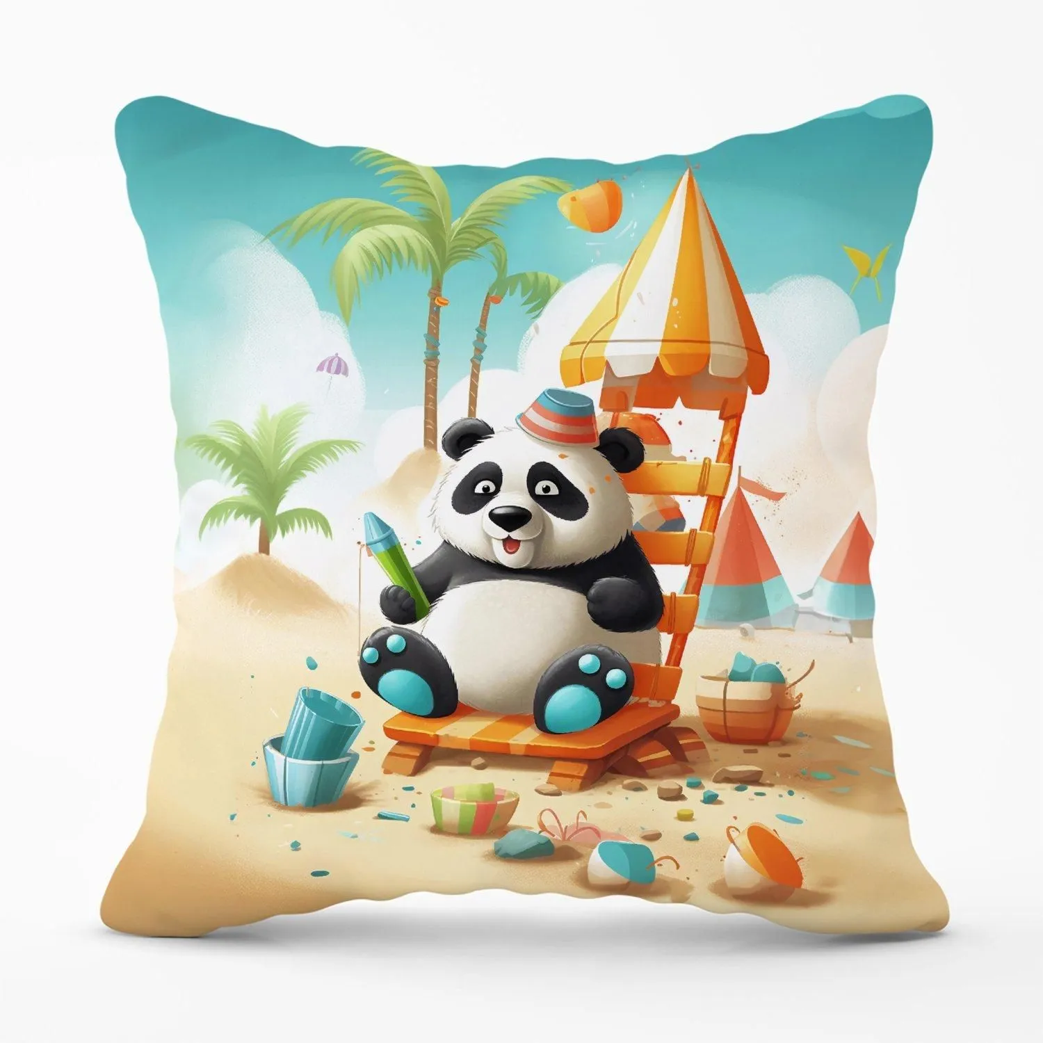 Warren Reed - Designer Panda On A Beach Holiday Outdoor Cushion in Yellow