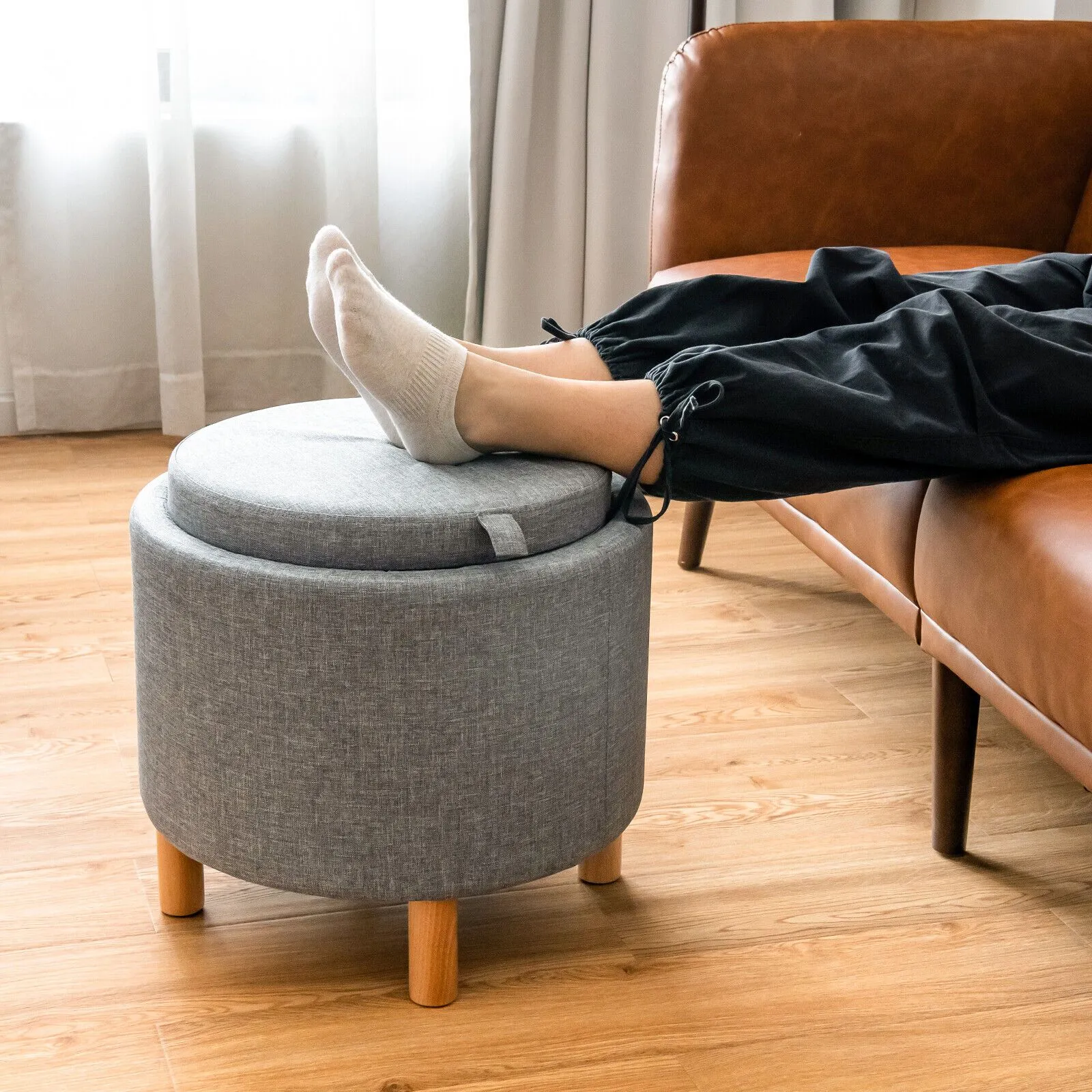 Costway Round Storage Ottoman w/ Tray Accent Fabric Storing Footrest w/ Non-Slip Pads in Grey 4