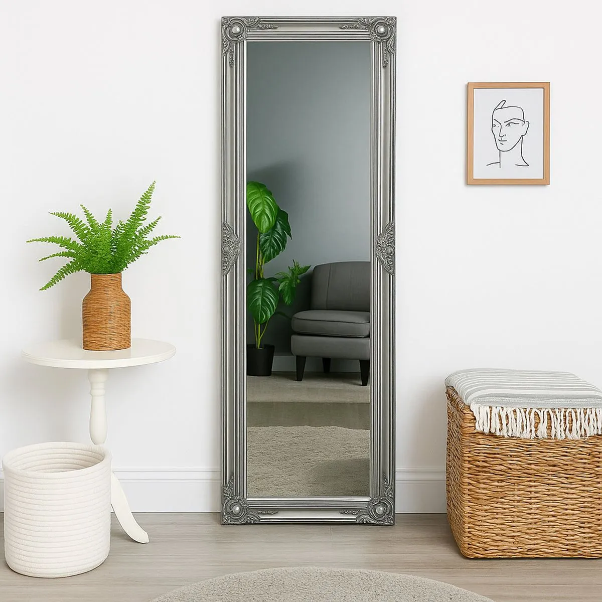 Melody Maison Tall Silver Ornate Mirror 47cm X 142cm
