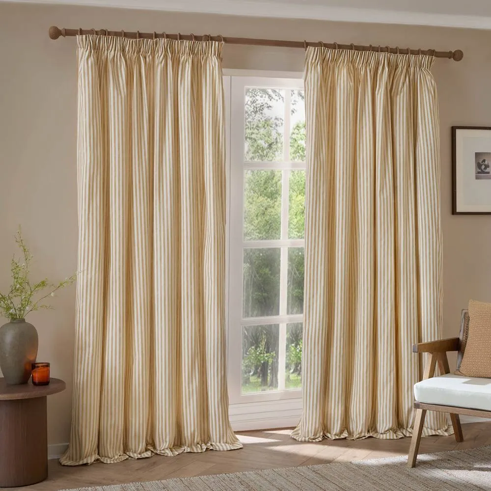 Yard Hebden Striped 100% Cotton Lined Pencil Pleat Curtain Pair in Yellow 2