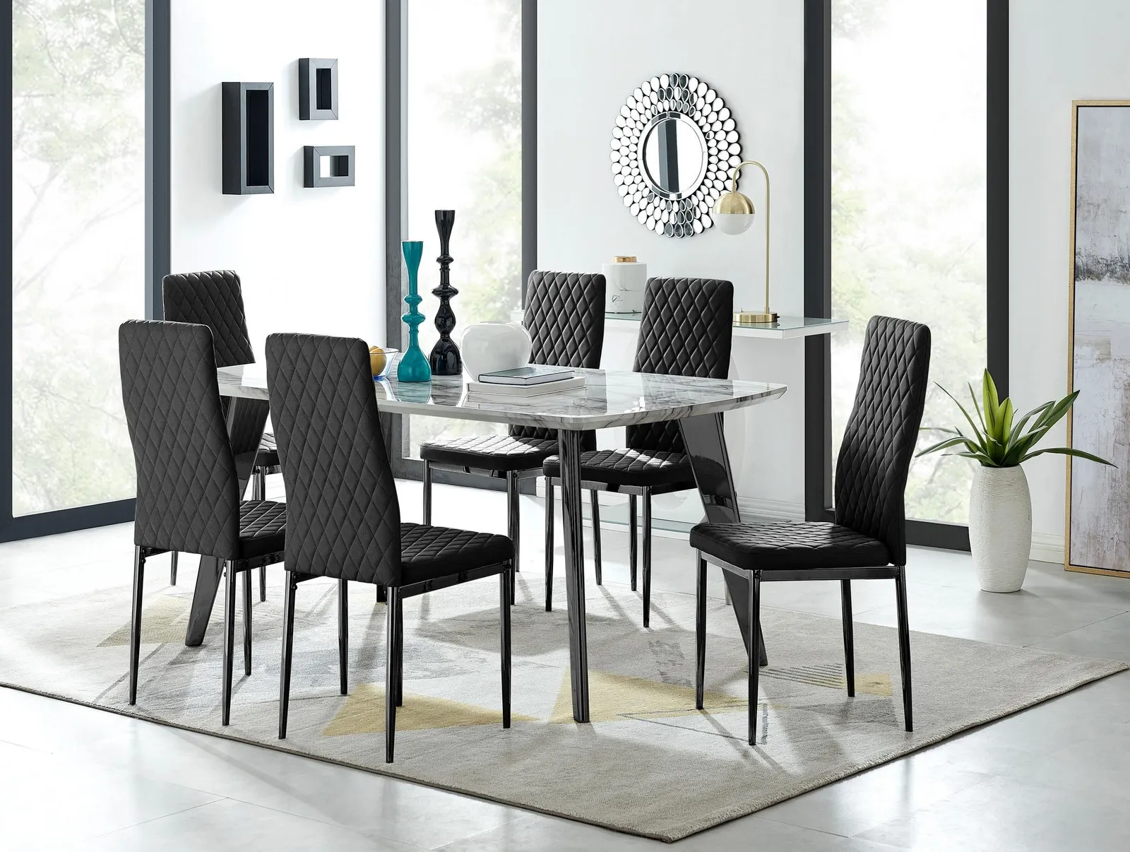 FurnitureboxUK Andria Marble Effect Dining Table With Black Legs & 6 Milan Velvet Black Leg Chairs