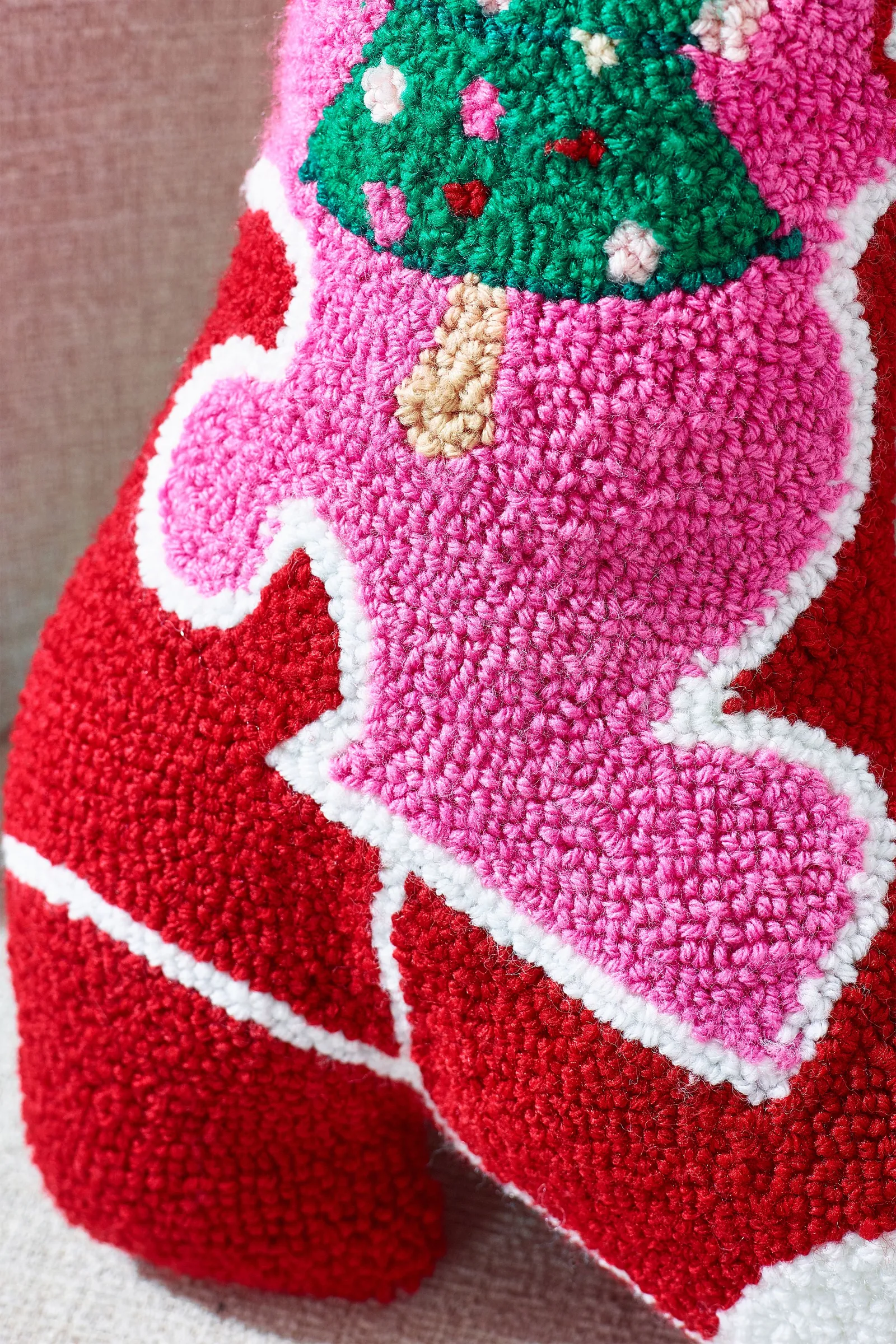 Catherine Lansfield 'Santa's Howdy Christmas' Boot Boucle 3D Shaped Cushion in Pink 2