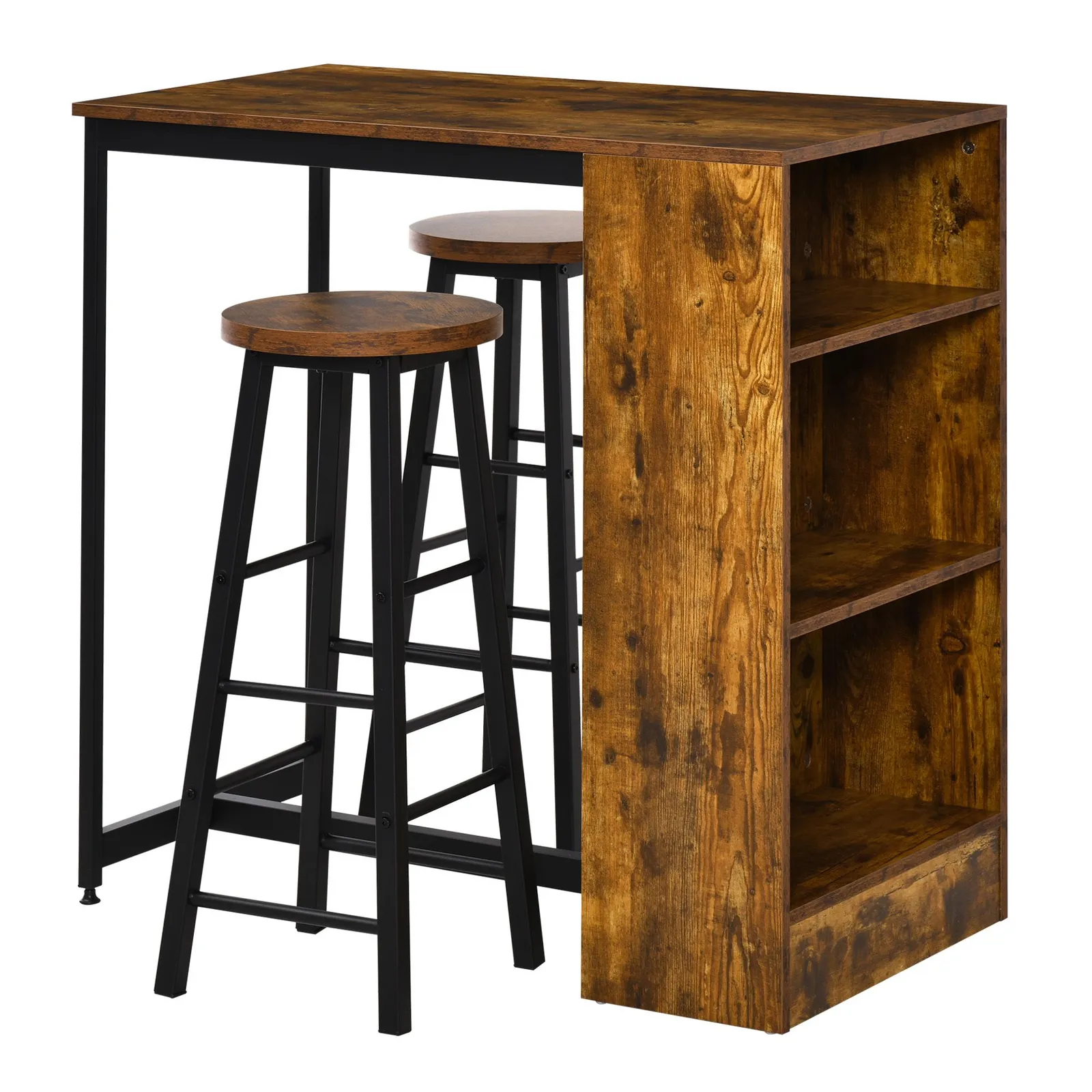 HOMCOM 3 Pieces Bar Table Set Pub Dining Table with Storage Shelf 2 Stools in Dark Brown 2