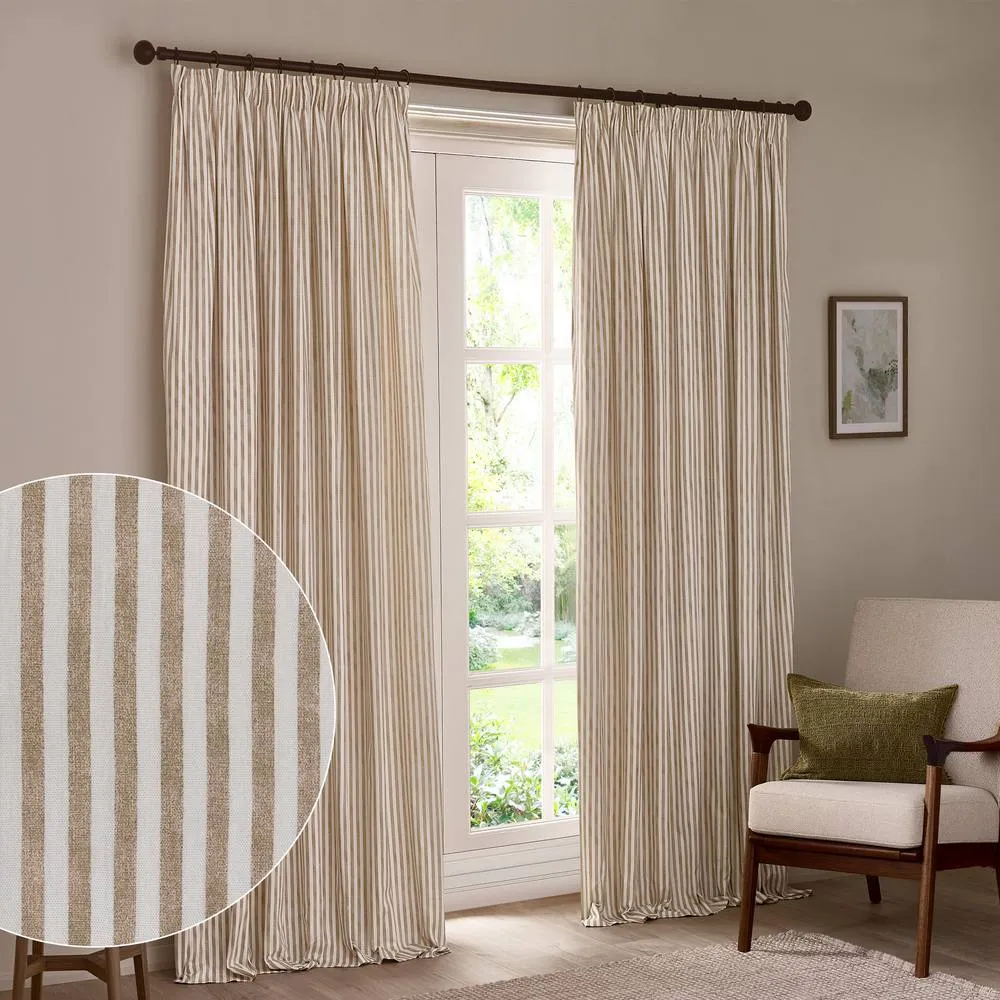 Yard Hebden Striped 100% Cotton Blackout Pencil Pleat Curtain Pair in Natural 1