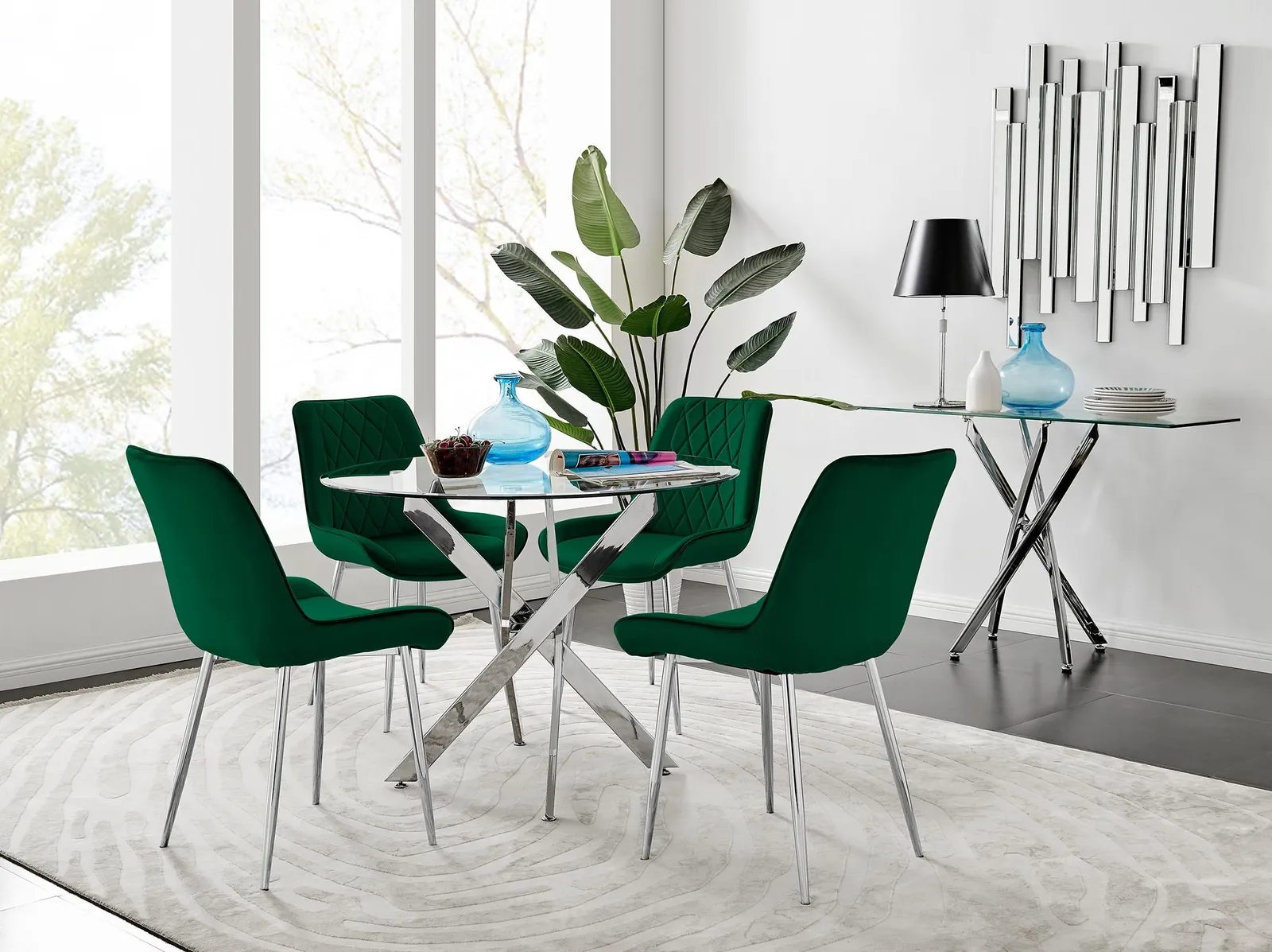 FurnitureboxUK Novara Clear Tempered Glass 100cm Round Dining Table with Chrome Starburst Legs & 4 Pesaro Velvet Silver Leg Chairs in Green
