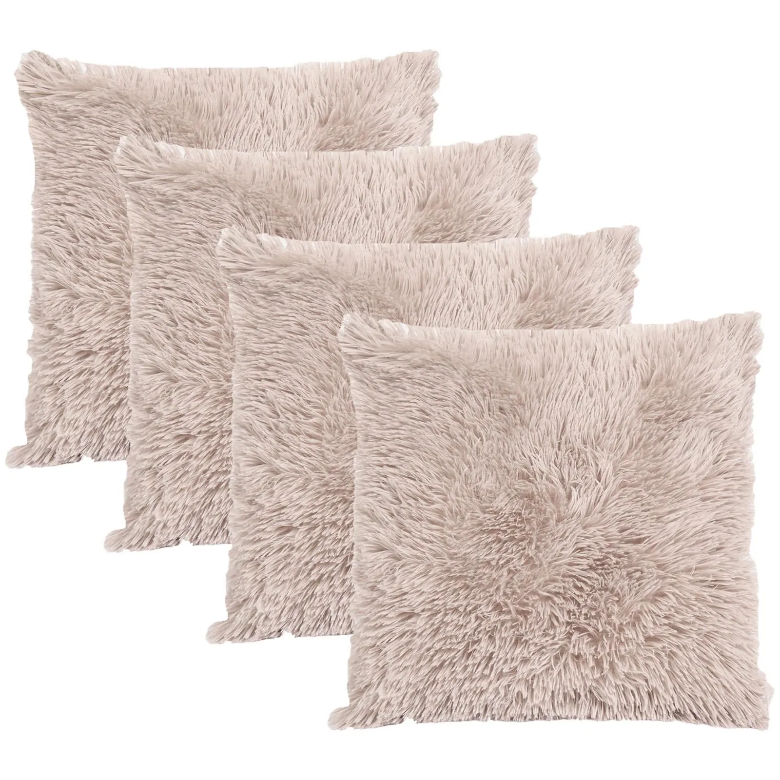 OHS Set of 4 Soft Fluffy Shaggy Square Cushion Covers in Natural