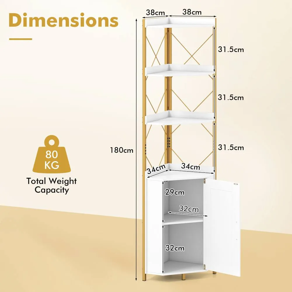 Costway Modern Corner Shelf 180cm Tall Corner Cabinet Bookshelf Display Rack in White 4