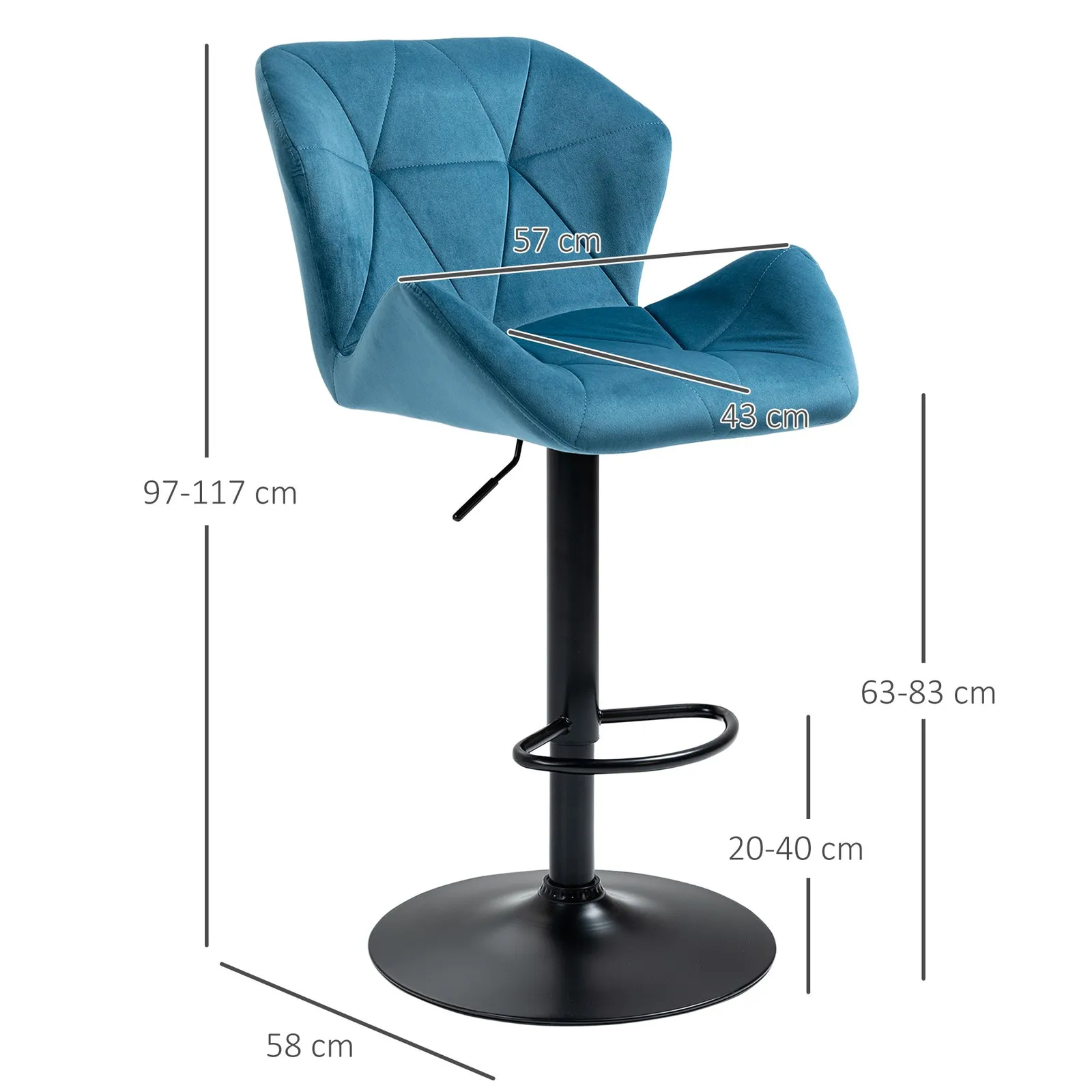 HOMCOM Of 2 Luxurious Velvet-Touch Bar Stools w/ Metal Frame Footrest Base in Blue 3