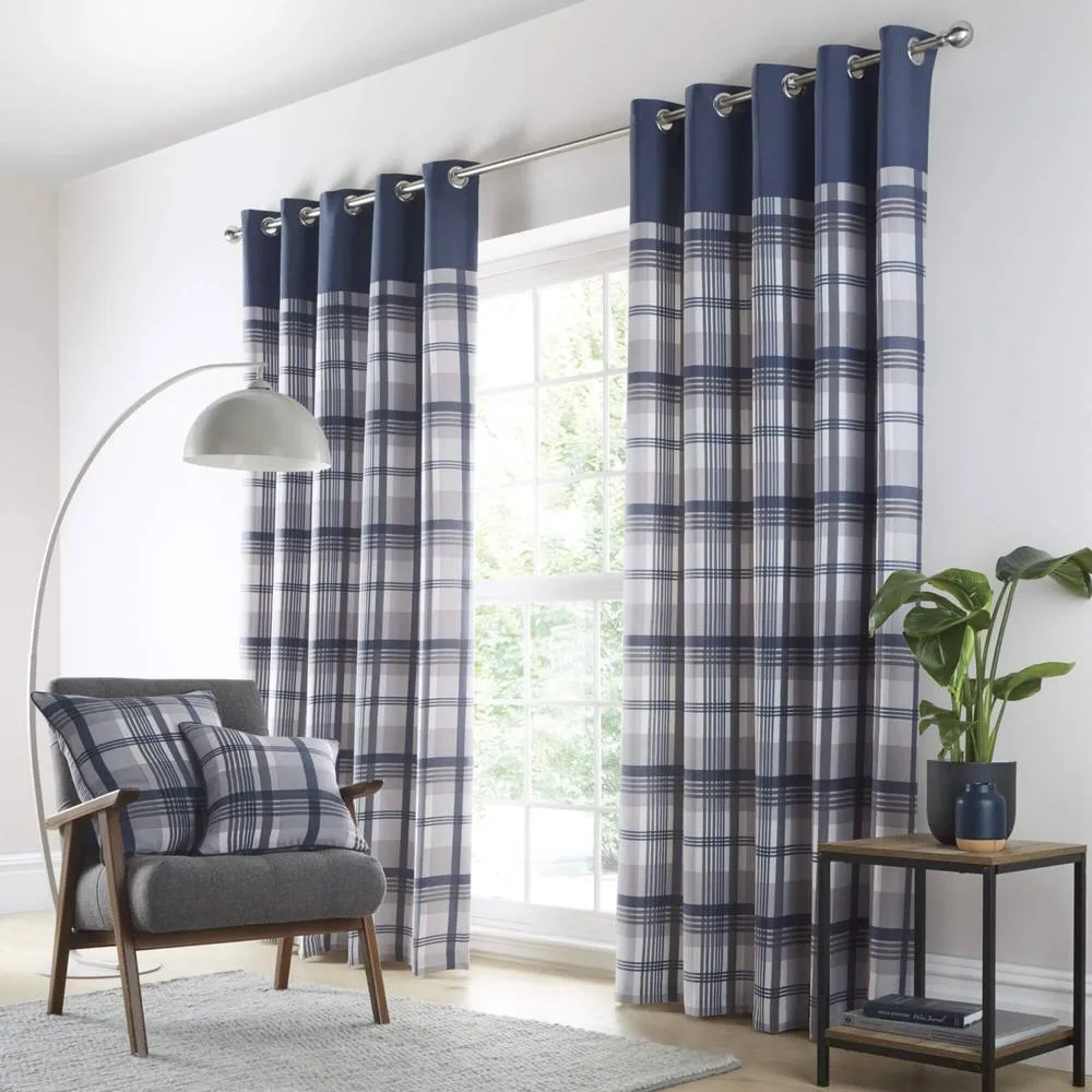 Portfolio Home Orleans Tartan Check Fully Lined Eyelet Curtains 2 Panel Pair in Blue
