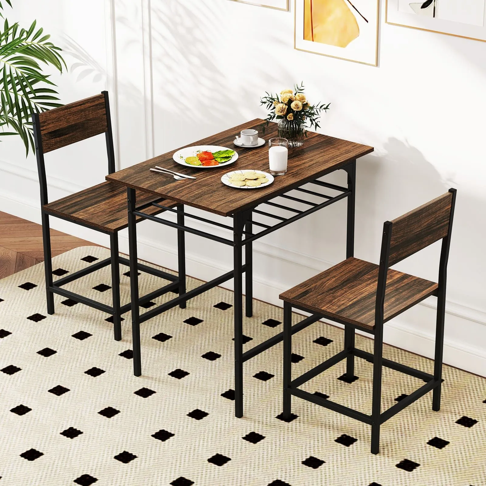 Costway Dining Table Set for 2 3-Piece Wood Rectangular Table & Chair Set w/ Metal Frame in Brown 6