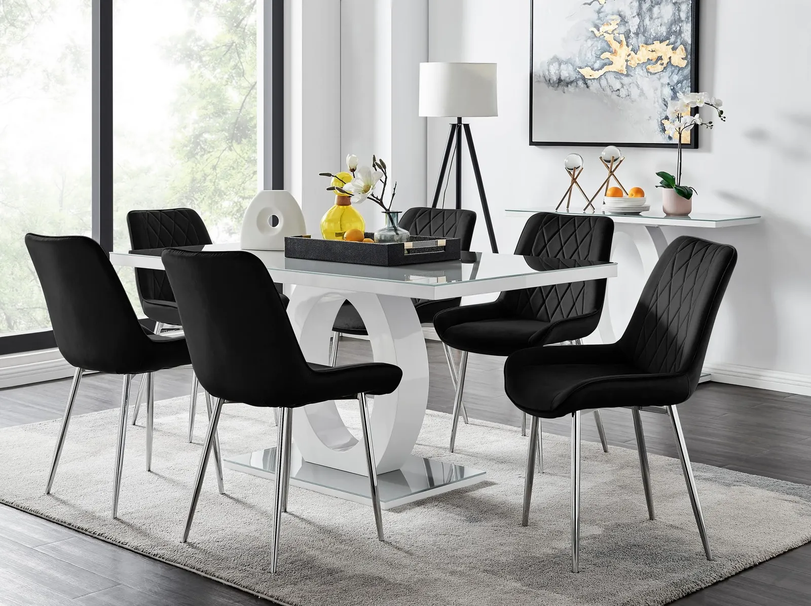 FurnitureboxUK Giovani 6-Seater Grey Glass Dining Table & 6 Pesaro Soft Velvet Dining Chairs in Black 1