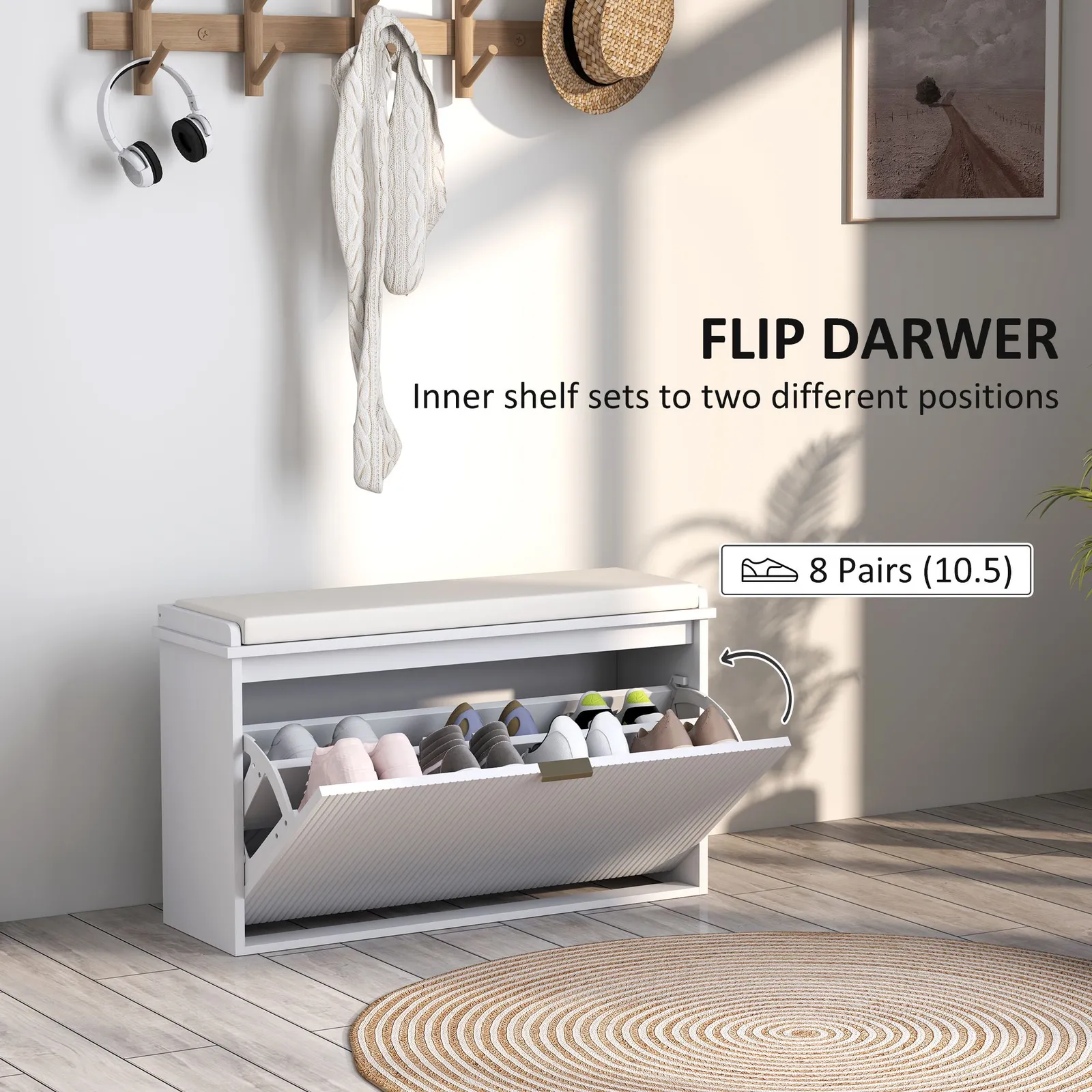 HOMCOM Shoe Storage Bench with Cushion & Flip-Drawer in White 6