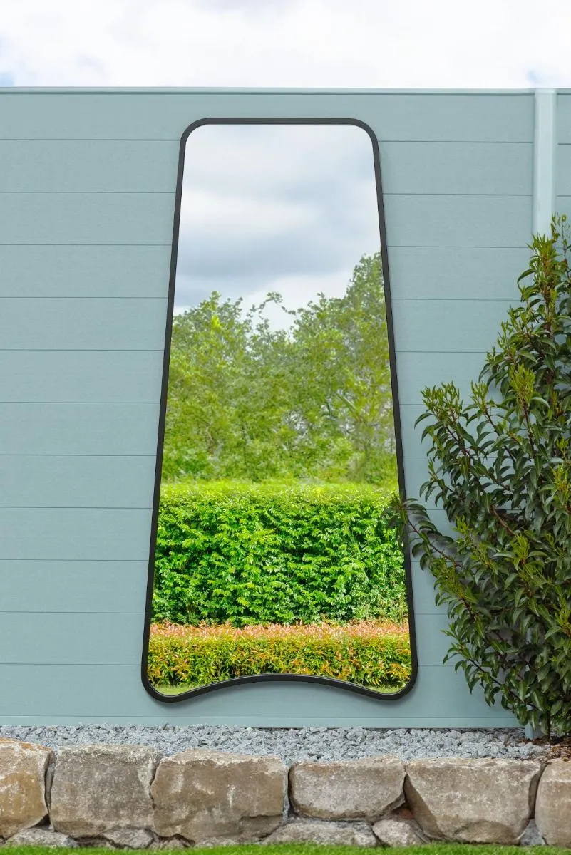 MirrorOutlet Black Metal Trapezoid Shape Framed Garden Wall Mirror (180CM X 85CM)