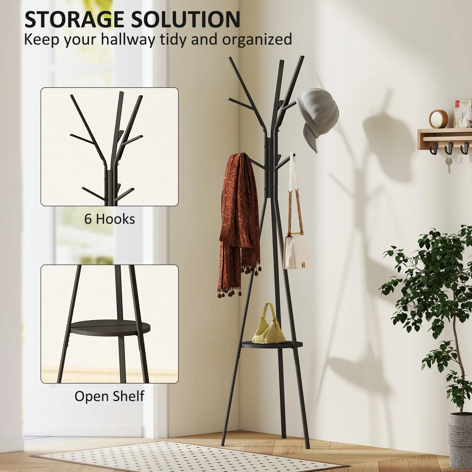HOMCOM Free Standing Coat Rack Metal Shelf Holder Stand Display Clothes Hat in Black 4