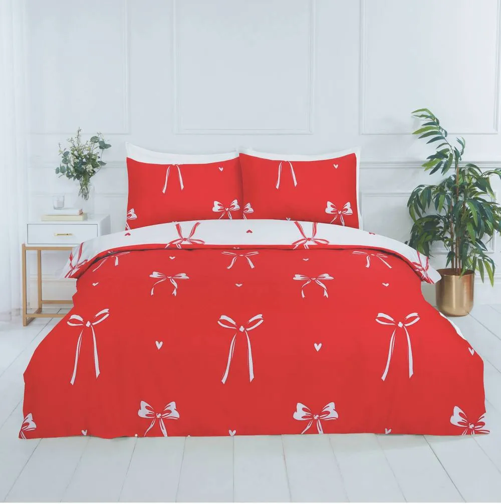 Rapport Home Christmas Festive Bows Reversible Duvet Cover Set with Pillowcase in Red 3
