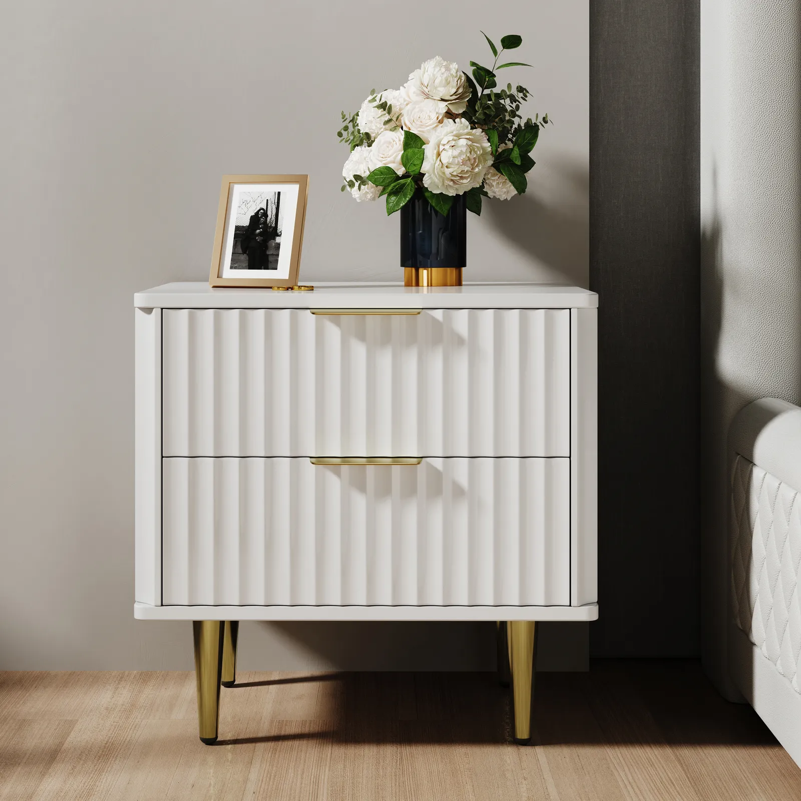Modern White Bedside Table with 2 Drawers Bedside Table with Gold Legs