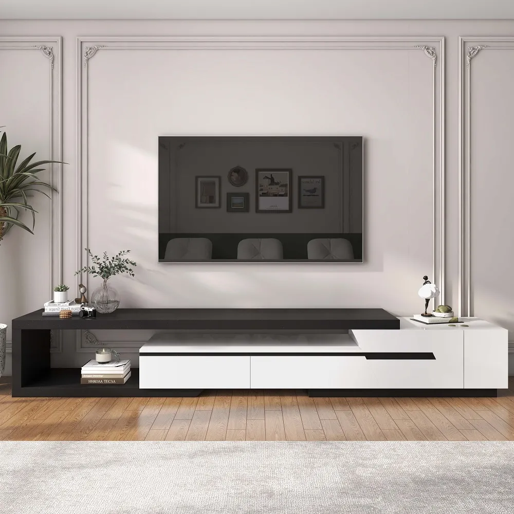 Pinkle Modern Extendable TV Stand White & Black with Storage & Bookshelf & Drawer