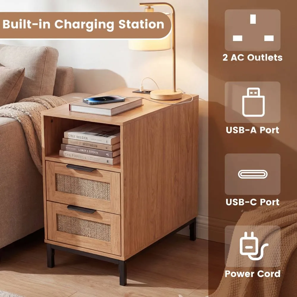Costway Narrow End Table with Charging Station in Brown 6