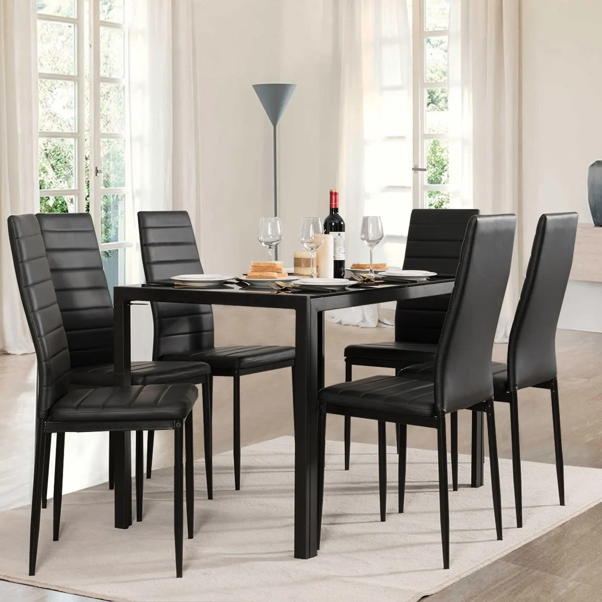 Costway Dining Chairs Set of 6 with Comfortable High Back & Padded Seat Side Chairs PVC Leather in Black 3