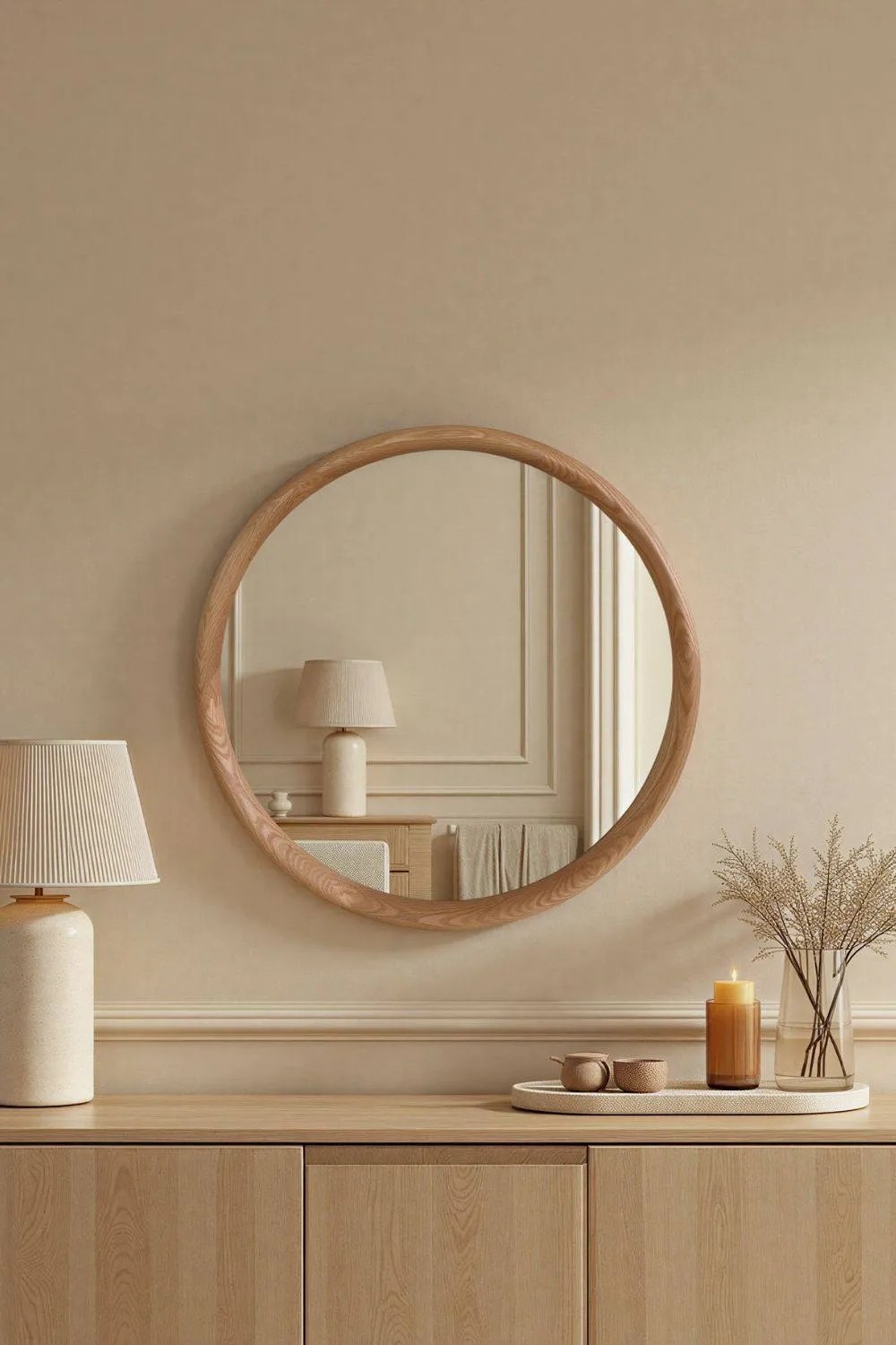 Yearn Mirrors Yearn Solid Oak Nataural Round Wall Mirror, Clear