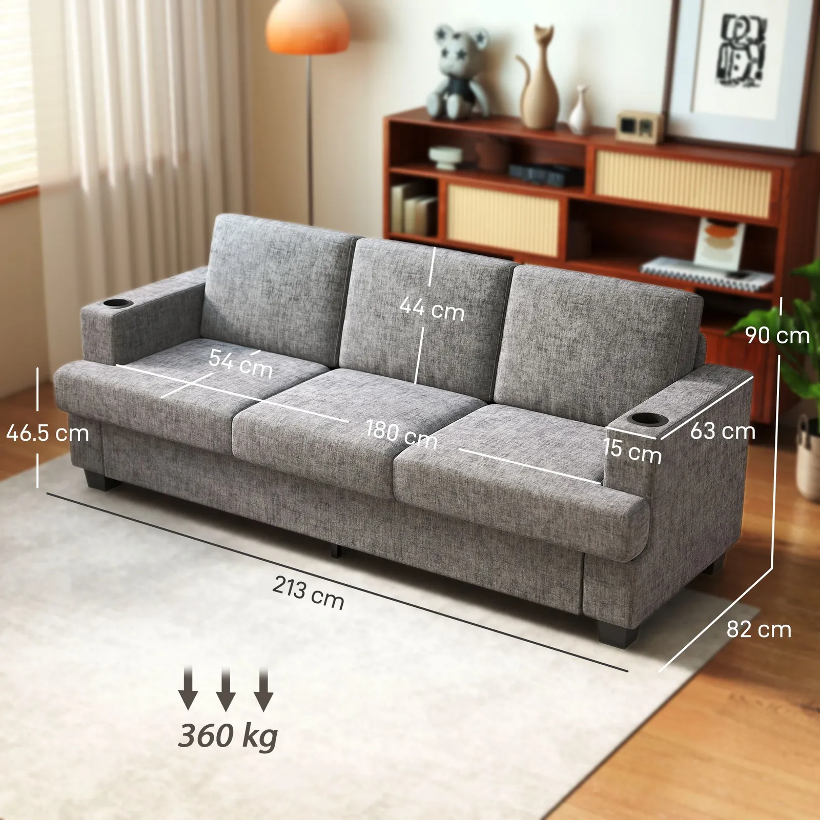 HOMCOM 3 Seater Sofa, Fabric Sofa with USB Ports & Cup Holders, Grey 3