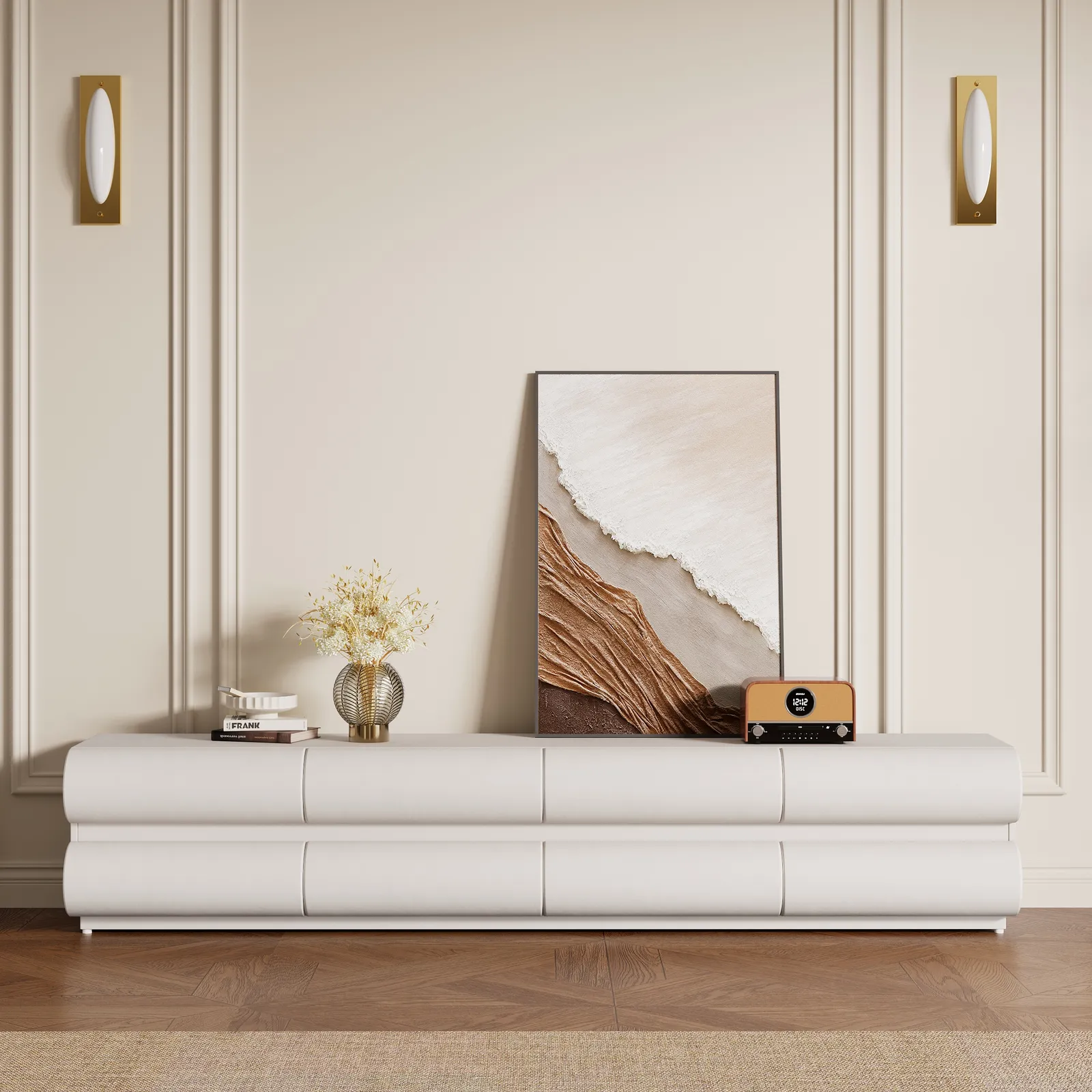Humply Modern White Leather Long TV Stand with 8 Drawers Media Console for TVs Up to 1900mm