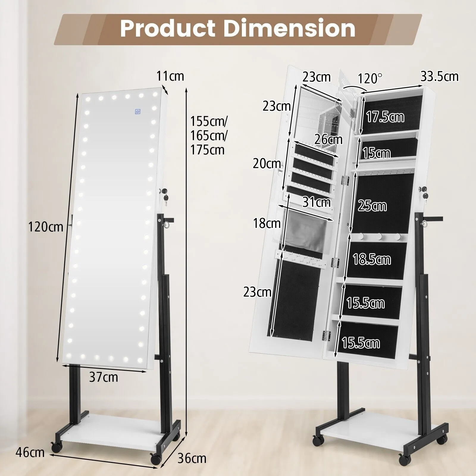Costway Height Adjustable Jewelry Cabinet Standing Jewelry Armoire w/ 3-Color LED Mirror & Wheels in White 2