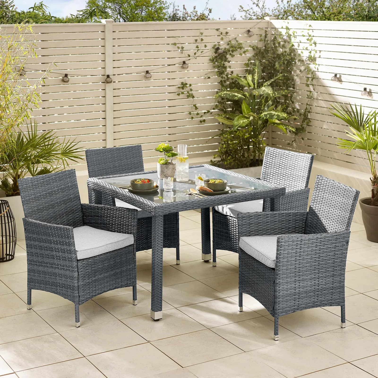 FurnitureboxUK Barbados Rattan Outdoor Garden Dining Set, PE Rattan & Cushions, 4 Chairs 1 Square Glass Top Outdoor Table in Grey