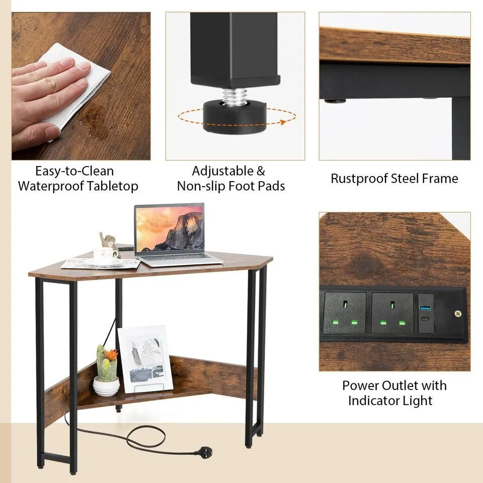 Costway Corner Desk 90-degree Triangle Computer Desk Laptop Desk w/Power Outlet in Brown 4