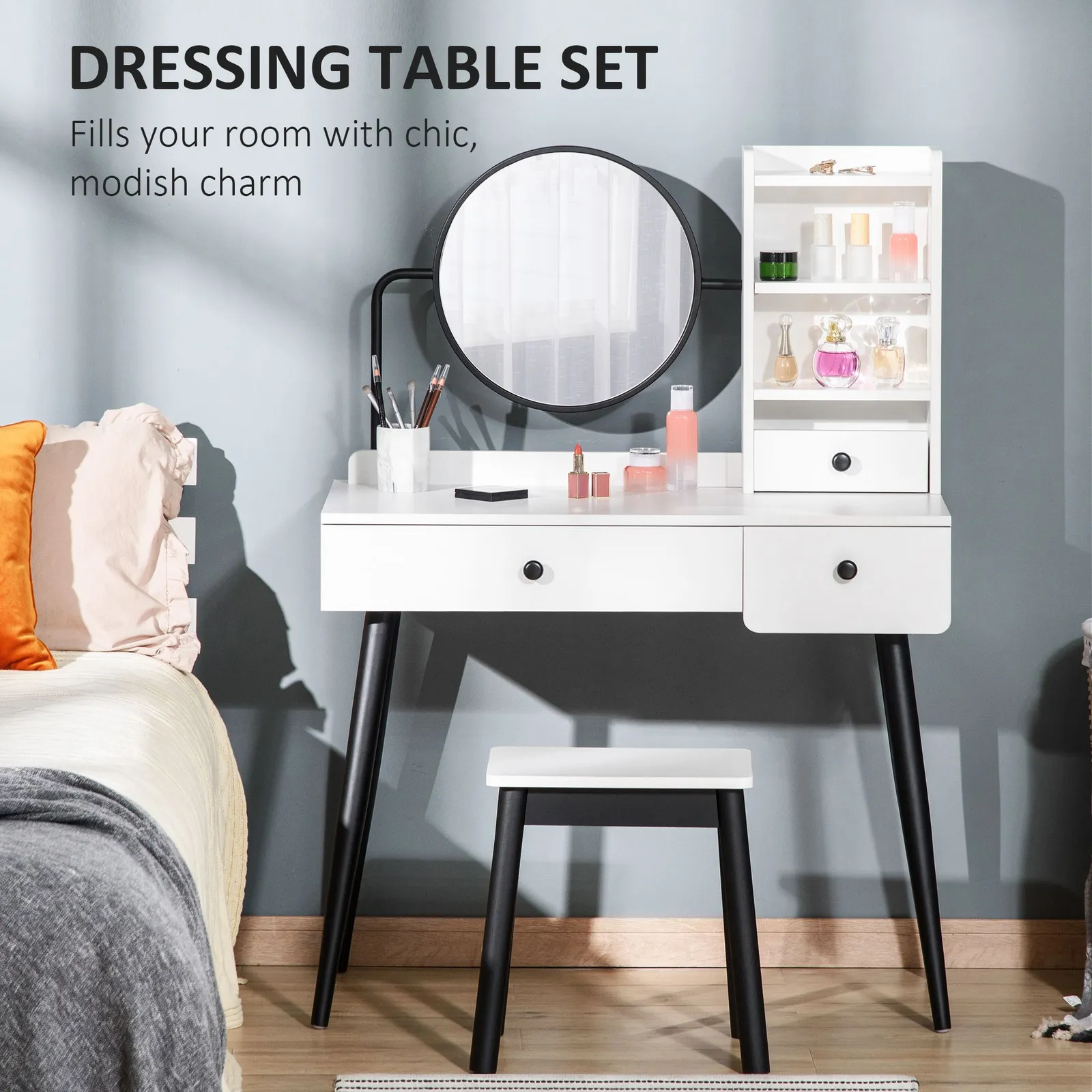 HOMCOM Dressing Table Set with 3 Drawers, Storage shelves & Stool in White 4