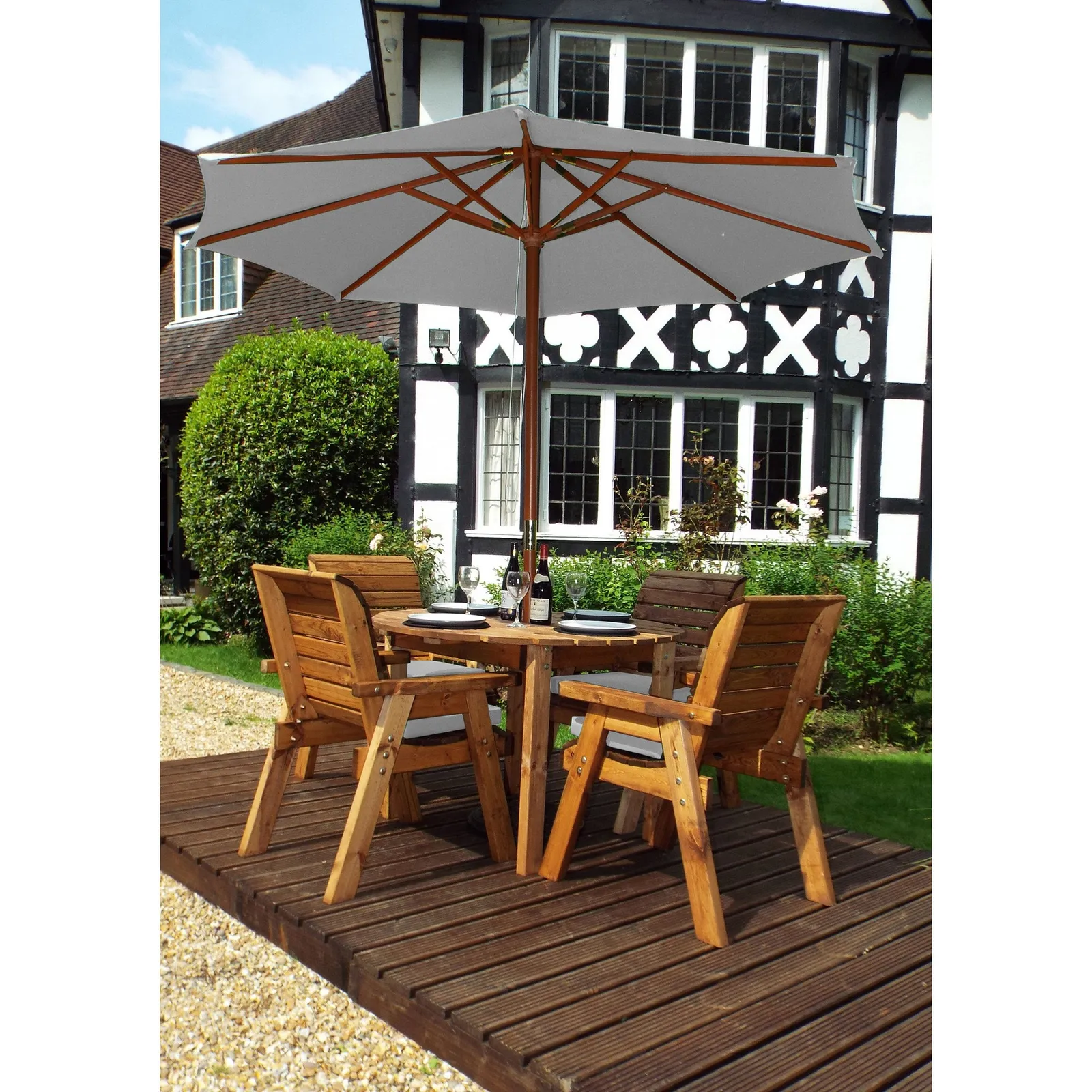 Charles Taylor 4 Seater Round Dining Set with Grey Seat Pads and Parasol Wood (Brown)