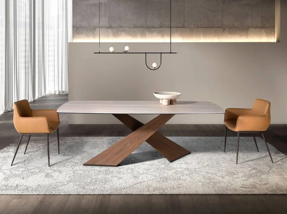 Angel Cerda Oval dining table with barrel-shaped porcelain marble & walnut top in Light Sand 6
