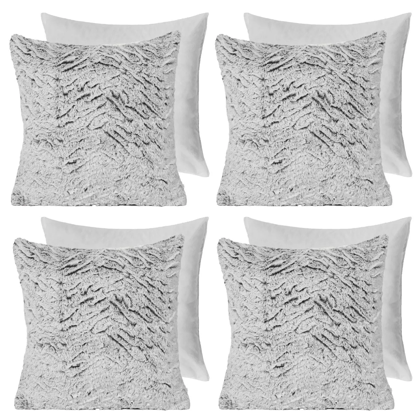 OHS 4 Pack Two Tone Faux Fur Soft Fleece Filled Cushion Covers - 45 x 45cm in Light Grey