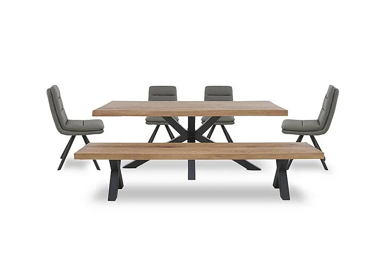 Njord Raw Edge Dining Table with Metal Star Base, Bench and 4 Grey Faux Leather Swivel Chairs - 220-cm - Old Bassano