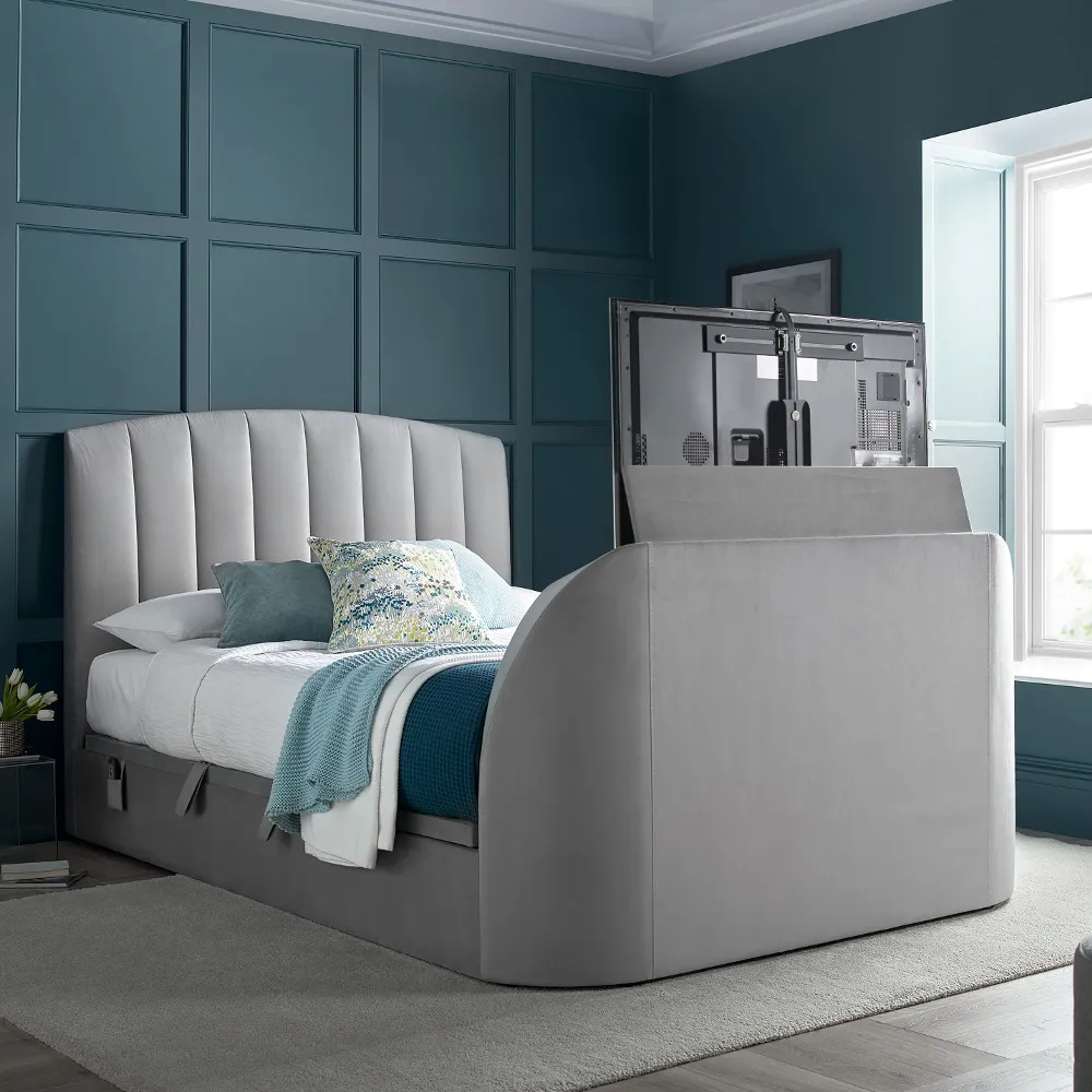 Flintstone Plume Light Grey Velvet Ottoman Electric TV Bed - 5ft King Size