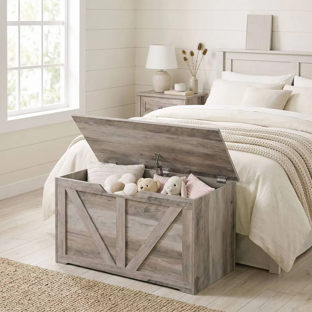 HOMCOM Storage Trunk for Living Room, with Safety Hinge, 80cm, Grey