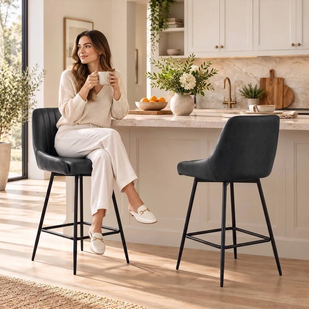 HOMCOM Vintage Bar Stools Set of 2, PU Leather, Footrest, Dark Grey 2