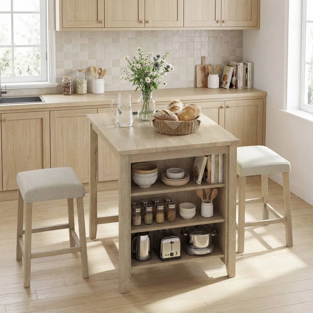Costway 3PCS Bar Table Set Kitchen Dining Table w/ 2 Stools & Power Outlet 5