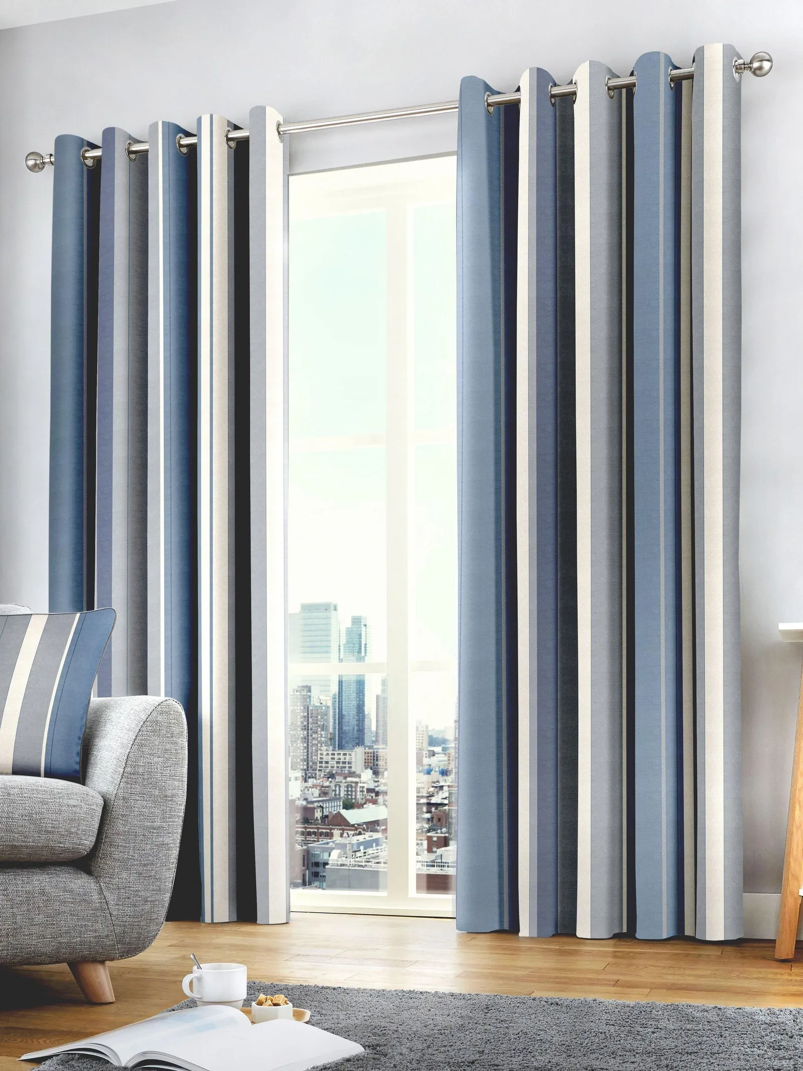 Fusion 'Whitworth Stripe' Fully Lined 100% Cotton Eyelet Curtains in Blue 1