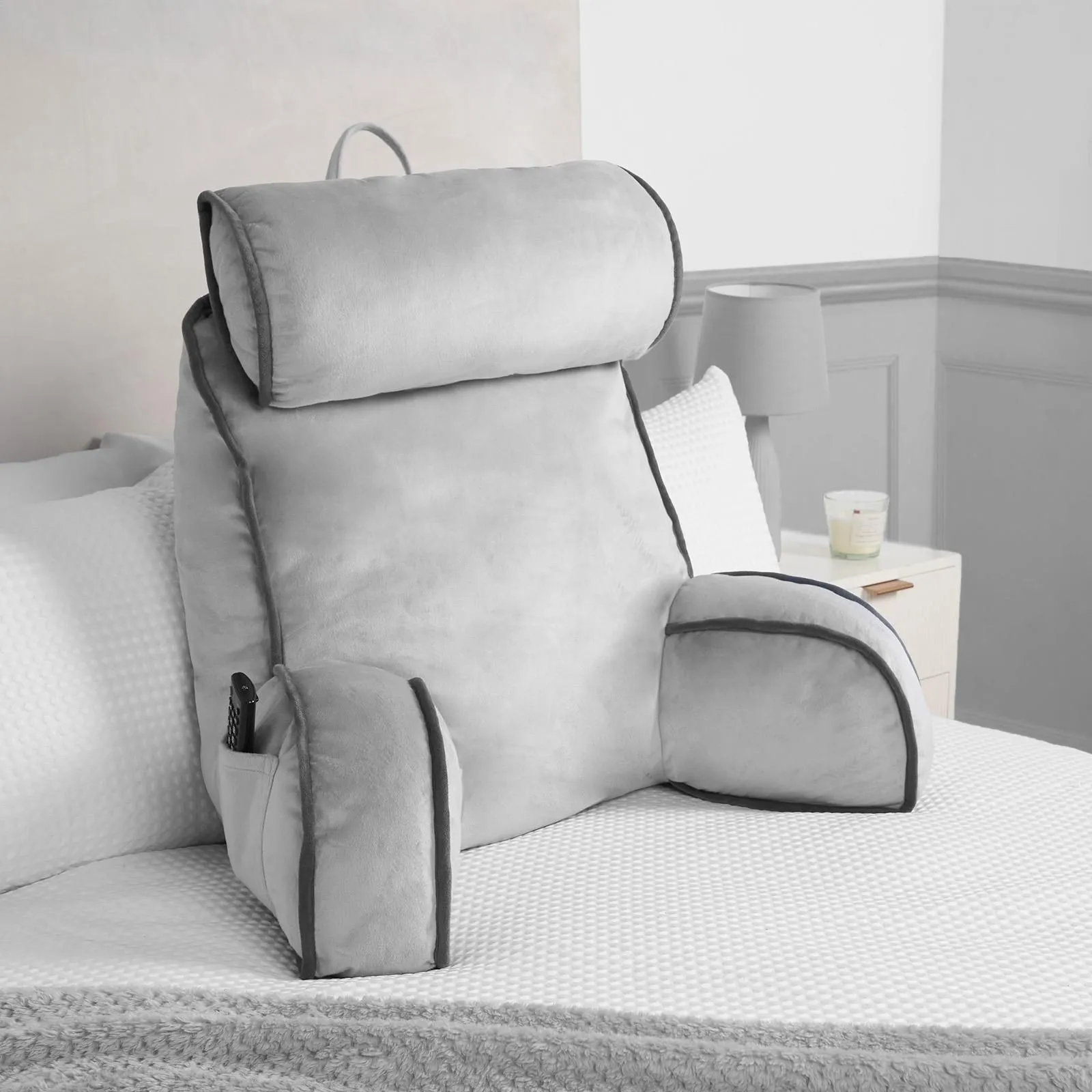 OHS Piped Edge Reading Pillow with Head Rest Back Support Bed Sofa in Grey