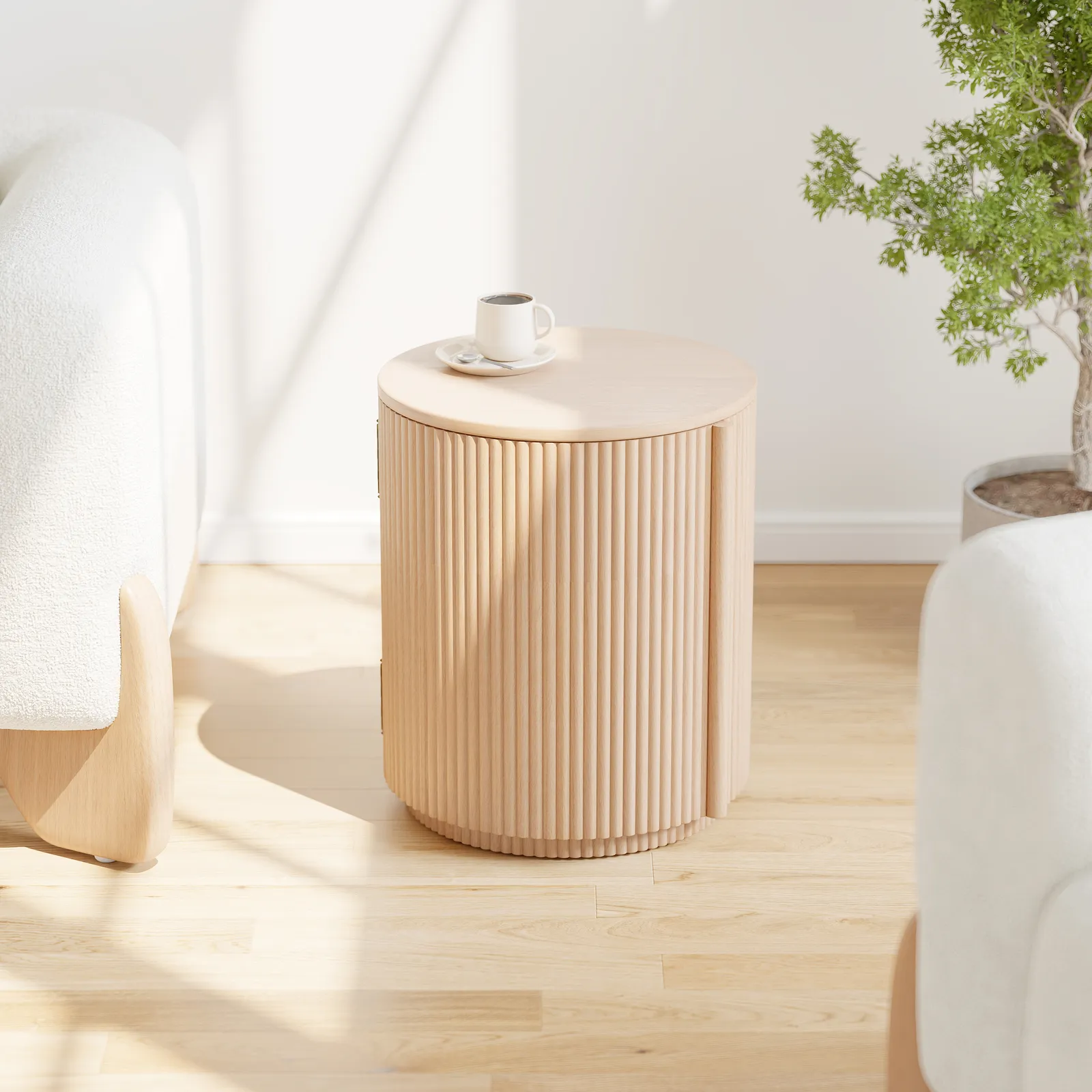 Round Fluted Side Table with Storage